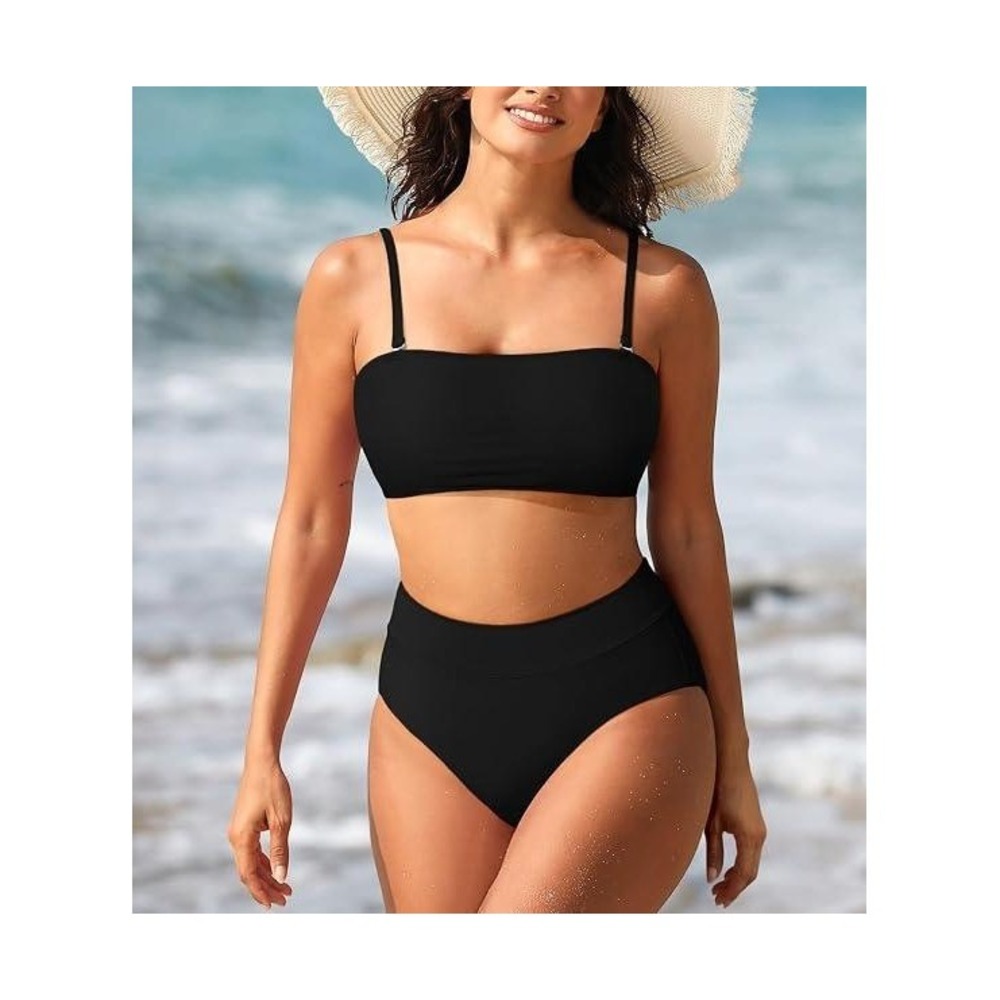 Tempt Me Black Bandeau Bikini Set High Waisted Two Piece Swimsuit Size M NWT